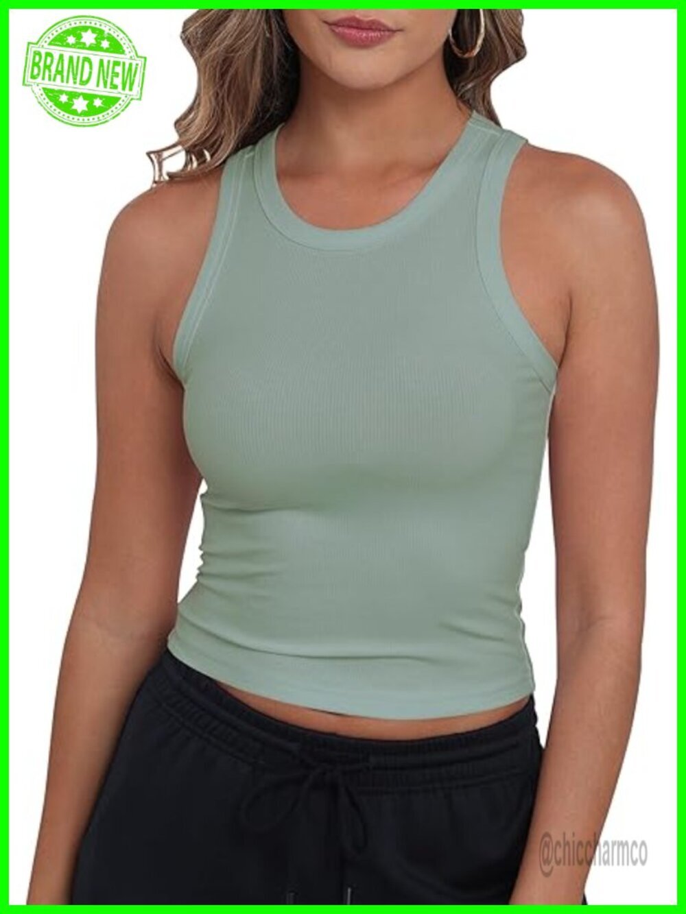 Sleeveless High Neck Racerback Ribbed Knit Fitted Basic Cropped Tank Top